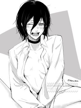 1girl breasts chainsaw_man choker collared_shirt commentary_request greyscale hair_between_eyes highres looking_at_viewer madaosw medium_hair monochrome one_eye_closed open_clothes open_shirt reze_(chainsaw_man) shirt small_breasts solo teeth twitter_username yawning