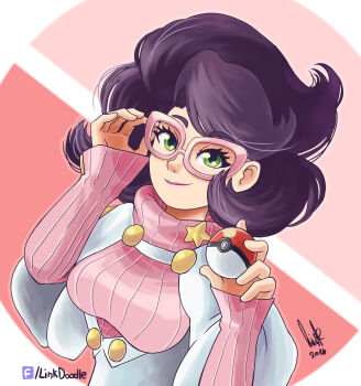 1girl absurdres adjusting_eyewear artist_name big_hair breasts capelet glasses green_eyes hands_up high-waist_skirt highres holding holding_poke_ball large_breasts linkdoodle long_sleeves medium_skirt nintendo pencil_skirt pink-framed_eyewear pink_background pink_sweater poke_ball poke_ball_(basic) poke_ball_symbol pokemon pokemon_sm purple_hair ribbed_sweater short_hair skirt smile solo sweater sweater_guard turtleneck turtleneck_sweater upper_body white_capelet white_skirt wicke_(pokemon)