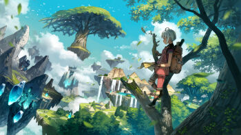 1boy above_clouds ahoge architecture backpack bag bird blue_hair blue_sky building cloud cloudy_sky commentary dappled_sunlight day fairy falling_leaves fingerless_gloves floating_island flock forest giant_tree gloves glowing grass green_socks highres holding holding_paper karst leaf mesoamerican_architecture nature original outdoors paper path pink_vest pyramid_(structure) road scenery shoes short_hair sky socks solo sparkle standing_on_branch sunlight too_many too_many_birds tree two-tone_shorts vest village water waterfall yoshida_seiji