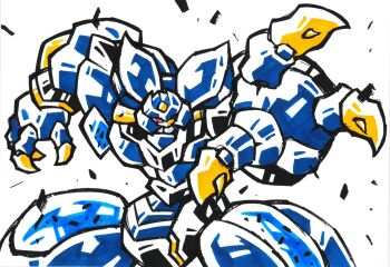 Rule 34 | armor, biomechanical, blue armor, bug (getter robo arc), claws, commentary request, cowboy shot, debris, getter robo, getter robo arc, gold trim, hamuten (hmltzero), highres, looking at viewer, mecha, mecha focus, one eye in shadow, outstretched arm, reaching, reaching towards viewer, red eyes, robot, solo, super robot