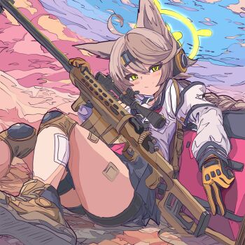 1girl ahoge animal_ears anti-materiel_rifle bandaid bandaid_on_leg bandaid_on_thigh barrett_m82 bike_shorts blue_archive blush brown_hair cloud cloudy_sky commentary_request fox_ears fox_girl gloves green_eyes green_halo gun halo headset kakashi3019 knee_pads long_sleeves neckerchief otogi_(blue_archive) pleated_skirt red_neckerchief rifle school_uniform serafuku skirt sky smile sniper_rifle solo sunset weapon weapon_case