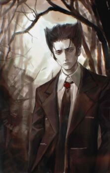 1boy absurdres black_eyes black_hair black_jacket black_necktie closed_mouth club_(shape) collared_shirt commentary highres jacket kaiki_deishuu lapels limited_palette looking_at_viewer male_focus monogatari_(series) necktie notched_lapels open_clothes open_jacket sanpaku shirt solipsist solo suit_jacket white_shirt