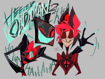 2boys alastor_(hazbin_hotel) animal_ears black_bow black_bowtie blood blood_from_mouth bokkunman2 bow bowtie closed_mouth colored_eyebrows deer_ears english_text flat_screen_tv hazbin_hotel hellaverse highres looking_at_another looking_at_viewer multicolored_hair multiple_boys no_humans raised_eyebrow red_bow red_bowtie red_eyes teeth television vox_(hazbin_hotel)