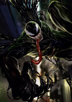 1boy blurry blurry_background commentary_request highres kudou_masashi male_focus marvel monster_boy sharp_teeth solo sony&#039;s_spider-man_universe spider-man_(series) teeth tongue tongue_out venom_(2018) venom_(marvel)