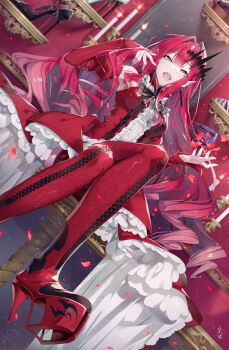 1girl applying_manicure baobhan_sith_(fate) baobhan_sith_(first_ascension)_(fate) bare_shoulders black_footwear black_ribbon boots breasts candle crown dress fate/grand_order fate_(series) fire flower gabiran gold_trim grey_eyes hair_between_eyes high_heels highres long_fall_boots long_hair long_sleeves medium_breasts petals pink_footwear pink_hair red_boots red_flower ribbon shine shoes sitting table teeth vampire very_long_hair