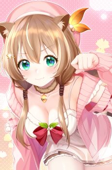 1girl absurdres acorn_pendant animal_ears ayunda_risu ayunda_risu_(1st_costume) beret bow breasts brown_collar brown_hair cable_knit cardigan chest_bow cleavage closed_mouth clothing_cutout collar double-parted_bangs dress felixkohai fur_collar green_eyes hair_between_eyes hair_ornament hairclip hand_up hat highres hololive hololive_indonesia hood hooded_cardigan leaf_hair_ornament long_hair looking_at_viewer low_twintails medium_breasts multicolored_hair pendant_collar pink_bow pink_cardigan pink_hat short_dress shoulder_cutout sleeveless sleeveless_dress solo spaghetti_strap squirrel_ears squirrel_girl squirrel_tail streaked_hair tail twintails virtual_youtuber wavy_mouth white_dress white_hair