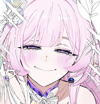 1girl carrot_011 close-up cyrene_(honkai:_star_rail) cyrene_(ripples_of_past_reverie)_(honkai:_star_rail) flower hair_flower hair_ornament highres honkai:_star_rail honkai_(series) looking_at_viewer pink_hair pointy_ears purple_eyes purple_flower purple_rose rose smile solo upper_body