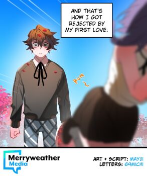 1boy 1girl artist_name black_skirt blue_background blue_eyes blurry blurry_foreground brown_hair commentary double-parted_bangs english_commentary english_text fleeing grey_sweater hair_between_eyes highres looking_at_viewer merryweather original parted_lips petals rejection running shirt short_hair skirt surprised sweater white_shirt wide-eyed yukisaki_mayui