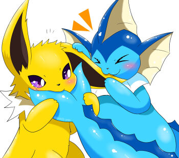 ambilly_aniki biting blush closed_eyes fins gen_1_pokemon head_fins highres jolteon nintendo pokemon tail vaporeon