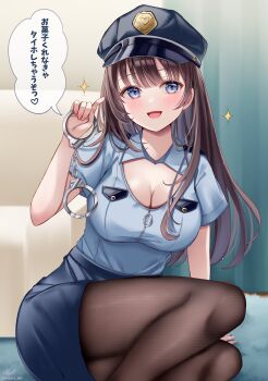 1girl black_pantyhose blue_eyes blue_shirt blue_skirt blush breasts brown_eyes brown_hair cleavage cleavage_cutout clothing_cutout cuffs hair_between_eyes halloween halloween_costume handcuffs hat highres holding holding_handcuffs large_breasts long_hair looking_at_viewer open_mouth original pantyhose pencil_skirt police police_hat police_uniform policewoman sakura_hiyori shirt short_sleeves skirt smile solo speech_bubble