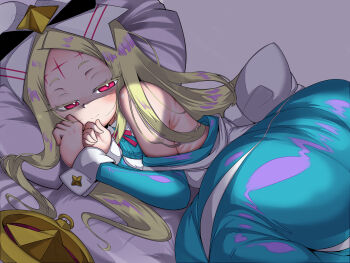 1girl bare_shoulders bed bed_sheet blonde_hair blue_dress bow closed_mouth dress facial_mark forehead_mark hair_ribbon half-closed_eyes highres long_hair long_sleeves love0craft lying mahou_shoujo_ni_akogarete morino_korisu nero_alice off_shoulder on_side pillow red_eyes ribbon simple_background smile solo white_bow white_ribbon wrist_cuffs
