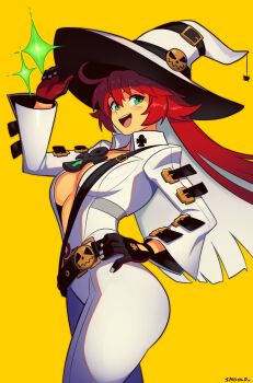 1girl absurdres ankh_necklace ankh_print artist_name ass bell-bottoms belt black_gloves bodysuit breasts broken_halo cleavage colored_inner_hair fingernail_gloves front_slit gloves green_eyes guilty_gear guilty_gear_strive hair_between_eyes halloween halloween_costume halo hand_on_own_hip hand_up hat highres jack-o&#039;_valentine large_breasts long_hair multicolored_hair pants red_eyes red_hair skull_belt smgold smile solo spiked_halo studded_belt teeth too_many too_many_belts upper_teeth_only very_long_hair white_bodysuit white_hair white_hat witch_hat