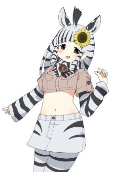 1girl animal_ears animal_print black_hair black_pantyhose black_skirt black_sleeves blush brown_eyes brown_shirt colored_skin crop_top extra_ears flower hair_flower hair_ornament highres iwa_(iwafish) kemono_friends long_hair long_sleeves midriff mountain_zebra_(kemono_friends) multicolored_hair multicolored_skin navel pantyhose pencil_skirt print_pantyhose print_scarf print_skirt print_sleeves scarf shirt short_sleeves sidelocks skirt solo sunflower sunflower_hair_ornament two-tone_hair two-tone_pantyhose two-tone_skin two-tone_sleeves white_hair white_pantyhose white_skirt white_sleeves wispy_bangs zebra_ears zebra_girl zebra_print zebra_tail