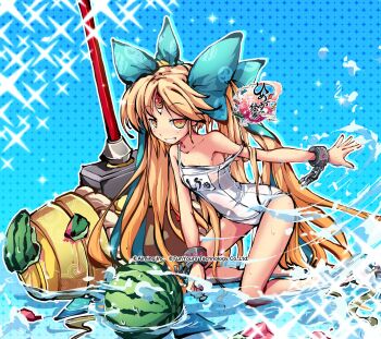 1girl bare_shoulders blonde_hair blue_bow blush bow breasts broken broken_chain chain collarbone commentary_request company_name copyright_logo copyright_name copyright_notice food fruit full_body hair_bow hammer highres himegami_kagura huge_weapon jitome kneeling logo long_hair looking_at_viewer ms06s naughty_face official_art old_school_swimsuit one-piece_swimsuit open_hand orange_eyes school_swimsuit shiva_(himegami_kagura) small_breasts smile solo spread_fingers suikawari swimsuit teeth thighs third_eye twintails very_long_hair water watermelon weapon white_one-piece_swimsuit