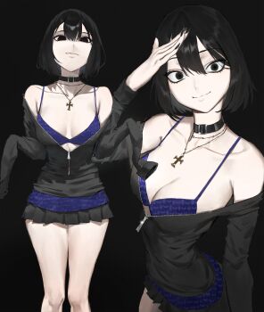 1girl absurdres armpit_crease bare_shoulders bikini bikini_top_only black_background black_collar black_eyes black_gloves black_hair black_nails black_skirt blue_bikini bob_cut breasts cleavage closed_mouth collar collarbone commentary cross cross_necklace gloves hair_between_eyes hand_up highres jacket jewelry long_sleeves looking_at_viewer medium_breasts miniskirt monogatari_(series) multiple_girls multiple_views nail_polish necklace off_shoulder open_clothes oshino_ougi partially_open_jacket pleated_skirt shading_eyes short_hair simple_background skirt sleeves_past_fingers sleeves_past_wrists smile solid_eyes swimsuit symbol-only_commentary tabulagami thighs