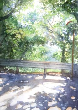 bush day forest highres kazuyuki_hashimoto nature no_humans original outdoors painting_(medium) path plant railing road scenery shadow sunlight traditional_media tree