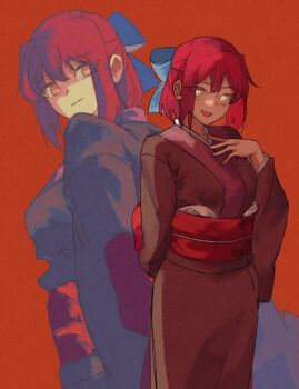 1girl :d arm_behind_back arms_at_sides blank_stare blue_bow bow breasts brown_kimono cowboy_shot empty_eyes evil_smile expressionless ezekquel from_below hair_bow half_updo hand_on_own_chest highres japanese_clothes kimono kohaku_(tsukihime) long_sleeves looking_back looking_to_the_side maid medium_breasts melty_blood multiple_expressions multiple_views obi open_mouth red_background red_hair ribbon sash short_hair sideways_glance smile staring tsukihime type-moon wa_maid yellow_eyes