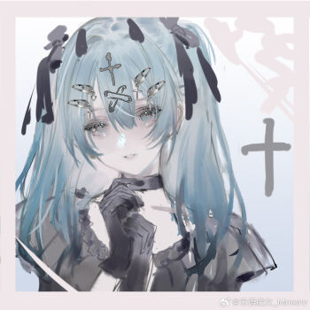 1girl aqua_eyes aqua_hair black_bow black_choker black_gloves black_ribbon blush border bow choker cross eyelashes gloves hair_between_eyes hair_ornament hairpin hatsune_miku iggy.m long_hair parted_lips ribbon sidelocks solo square twintails upper_body vocaloid watermark weibo_watermark