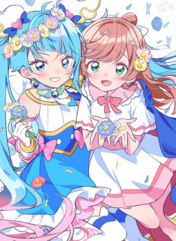 Rule 34 | 2girls, arm around shoulder, blue cape, blue dress, blue eyes, blue hair, bow, bowtie, brooch, cape, casual, collar, collared dress, cure sky, cut bangs, dated, detached sleeves, dress, dress bow, earrings, fingerless gloves, flower, frilled collar, frilled dress, frills, fringe trim, gloves, gradient hair, green eyes, grin, hair bun, hair flower, hair ornament, hair ribbon, head wreath, highres, hirogaru sky! precure, holding, holding flower, izumi kirifu, jewelry, long hair, looking at viewer, magical girl, medium dress, multicolored hair, multiple girls, nijigaoka mashiro, open mouth, petals, pink bow, pink bowtie, pink dress, pink hair, precure, puffy detached sleeves, puffy sleeves, red cape, ribbon, shared cape, shared clothes, short sleeves, side-by-side, single hair bun, single sidelock, sitting, sleeveless, sleeveless dress, smile, sora harewataru, streaked hair, thighhighs, twintails, two-sided cape, two-sided fabric, two-tone dress, two-tone hair, very long hair, white dress, white gloves, white ribbon, white thighhighs, wind, wing brooch, wing hair ornament