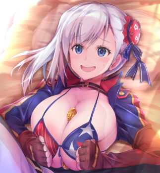 1boy 1girl american_flag american_flag_bikini american_flag_print asahi_(fullmetal_madness) asymmetrical_gloves between_breasts bikini blue_eyes blue_jacket blush boy_on_top breasts breasts_squeezed_together brown_gloves bun_cover choker cleavage coin collarbone cropped_jacket fate/grand_order fate_(series) fingerless_gloves flag_print flag_print_bikini gloves hair_bun hair_ribbon jacket large_breasts long_hair long_sleeves looking_at_viewer lying miyamoto_musashi_(fate) miyamoto_musashi_(fate/grand_order) miyamoto_musashi_(swimsuit_berserker)_(fate) miyamoto_musashi_(swimsuit_berserker)_(second_ascension)_(fate) money on_back on_bed open_mouth pillow pink_hair print_bikini ribbon shrug_(clothing) side_bun single_hair_bun single_side_bun smile swept_bangs swimsuit tucked_money