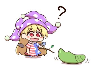 1girl ? american_flag american_flag_dress american_flag_print blonde_hair blush_stickers branch chibi chibi_only clownpiece commentary_request dress eternity_larva flag_print full_body hat highres holding holding_branch jester_cap long_hair neck_ruff polka_dot_headwear pupa_(insect) purple_hat red_eyes shitacemayo short_sleeves simple_background star_(symbol) star_print striped_clothes striped_dress touhou very_long_hair white_background wings