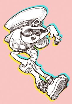 Rule 34 | 1girl, boots, cephalopod eyes, cross-shaped pupils, full body, hat, highres, midriff, monochrome, multicolored outline, nintendo, official alternate costume, peaked cap, pearl (splatoon), pink background, shorts, simple background, splatoon (series), symbol-shaped pupils, tagme, urana kei