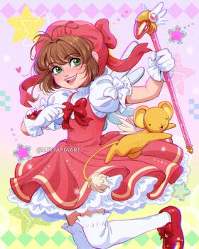 1girl artist_name brown_hair cardcaptor_sakura child commentary dress gloves green_eyes highres holding holding_wand kero_(cardcaptor_sakura) kinomoto_sakura looking_to_the_side luztapiaart open_mouth parted_lips pink_dress puffy_short_sleeves puffy_sleeves red_shoes shirt shoes short_hair short_sleeves sleeveless sleeveless_dress sparkle star_(symbol) teeth thighhighs upper_teeth_only wand watermark white_gloves white_shirt white_thighhighs