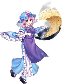 1girl alternate_hairstyle apron blue_hat blue_kimono cooking food fried_rice frilled_kimono frills game_cg hat highres holding holding_ladle japanese_clothes kimono ladle long_sleeves mob_cap neck_ribbon official_art open_mouth petal_print pink_eyes pink_hair print_kimono purple_apron purple_ribbon ribbon rotte_(1109) saigyouji_yuyuko saigyouji_yuyuko_(tiny_ghost_mistress) sandals sleeve_garter smile socks solo tasuki third-party_source touhou touhou_lostword transparent_background triangular_headpiece white_socks wide_sleeves wok