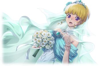 1girl bare_shoulders blonde_hair blue_eyes blunt_bangs blush code_geass code_geass:_lost_stories crown dress earrings embarrassed flower gloves hair_bun highres jewelry lace monica_kruszewski non-web_source official_alternate_costume official_art open_mouth solo transparent_background upper_body wedding wedding_dress