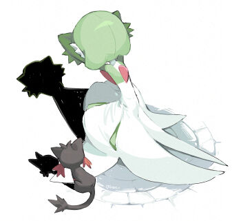 1girl adversarial_noise arms_up artist_name back cat colored_skin covering_face crack cracked_floor female_focus from_above from_behind gardevoir gen_3_pokemon gen_7_pokemon green_skin highres leaning_forward litten multicolored_skin nintendo pokemon pokemon_(creature) shadow signature simple_background sok_(mr14_c) solo_focus squatting twitter_username two-tone_skin white_background white_skin