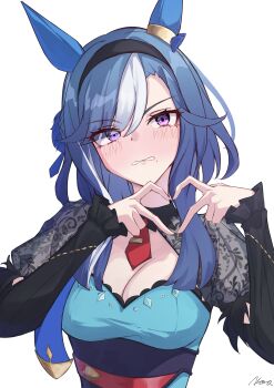 Rule 34 | 1girl, absurdres, admire groove (umamusume), animal ears, blue dress, blue hair, blush, breasts, cleavage, detached sleeves, dress, ear covers, four-finger heart hands, hairband, heart, heart hands, highres, horse ears, horse girl, long hair, looking at viewer, medium breasts, mole, mole under mouth, multicolored hair, necktie, noa 82g, parted lips, purple eyes, red necktie, see-through clothes, see-through sleeves, short sleeves, simple background, solo, streaked hair, umamusume, upper body, white background, white hair, white streaks