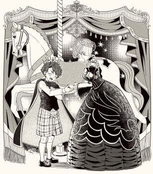1boy 1girl beatrice_(umineko) braid cape carousel child closed_eyes crown dress greyscale highres holding_hands layered_dress leaning_forward long_dress monochrome open_mouth plaid_clothes plaid_shorts shorts smile standing suidousui umineko_no_naku_koro_ni ushiromiya_battler