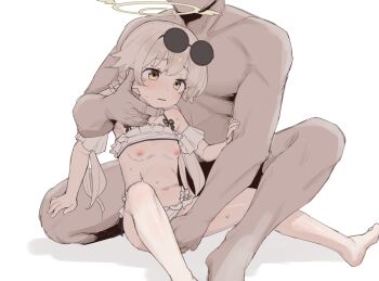 1boy 1girl bare_legs bare_shoulders bikini bikini_pull blue_archive blush breasts breasts_out clothes_pull eyewear_on_head fingering frilled_bikini frills halo healthyman hetero hifumi_(blue_archive) hifumi_(swimsuit)_(blue_archive) light_brown_hair long_hair low_twintails nipples open_mouth ribbon-trimmed_bikini ribbon-trimmed_swimsuit ribbon_trim simple_background small_breasts striped sweat swimsuit twintails white_background white_bikini wings