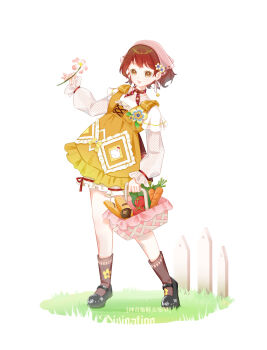 Rule 34 | 1girl, absurdres, ankle socks, apron, baguette, basket, black shoes, bread, brooch, brown eyes, brown socks, carrot, chinese commentary, commentary request, country lolita, cross-laced apron, cucumber, dot nose, dress, dress ribbon, fence, floral print, flower, flower brooch, food, frilled apron, frilled dress, frilled sleeves, frills, full body, hair flower, hair ornament, happy, headscarf, highres, holding, holding basket, holding flower, infinity nikki, jewelry, layered sleeves, lolita fashion, long sleeves, looking at viewer, mary janes, mushroom, nikki (series), on grass, open mouth, pinafore dress, pink flower, pink headscarf, print scarf, print socks, puffy long sleeves, puffy sleeves, red dress, red hair, red ribbon, red scarf, ribbon, sample watermark, scarf, see-through clothes, see-through sleeves, shenqi tuoxie zai nali, shirt, shoes, short dress, short hair, short over long sleeves, short sleeves, simple background, sleeveless, sleeveless dress, sleeves past wrists, smile, socks, solo, standing, stardew valley, stardew valley encounter (infinity nikki), tareme, tomato, watermark, white background, white flower, white shirt, yellow apron