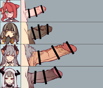 4futa ahoge animal_ears arknights bar_censor blush censored chart closed_mouth comparison erection female_pubic_hair foreskin futanari glasses grey_background grey_hair hair_over_one_eye highres hood hood_up horns long_hair looking_at_viewer magallan_(arknights) mirin_chikuwa multicolored_hair multiple_futa myrrh_(arknights) penis penis_chart penis_comparison penis_size_difference phimosis portrait pubic_hair red_eyes red_hair saria_(arknights) short_hair simple_background testicles two-tone_hair veins veiny_penis vulcan_(arknights) wavy_mouth yellow_eyes