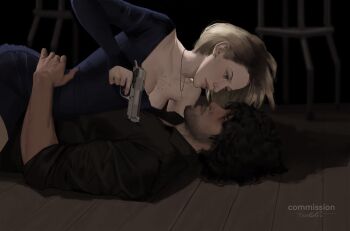 1boy 1girl blue_eyes breasts carlos_oliveira cleavage dress gun highres holding holding_gun holding_weapon jill_valentine large_breasts resident_evil resident_evil_3:_nemesis resident_evil_3_(remake) resident_evil_5 short_hair todd1e1 weapon