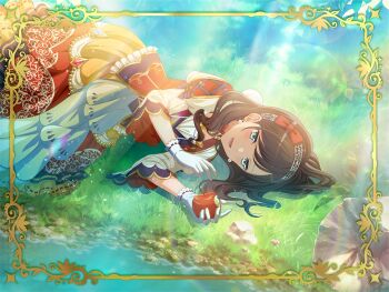 Rule 34 | 1girl, apple, bite mark, black hair, blue eyes, cosplay, dress, earrings, food, fruit, game cg, gloves, hairband, holding, holding food, holding fruit, jewelry, long sleeves, lying, medium hair, official art, on ground, on side, open mouth, shoujo kageki revue starlight, shoujo kageki revue starlight -re live-, snow white (fairy tale), snow white (fairy tale character), snow white (fairy tale character) (cosplay), solo, upper body, white dress, white gloves, yanagi koharu