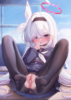 1girl absurdres anus black_choker black_eyes black_hairband black_pantyhose blue_archive blush braid censored choker cum cum_in_pussy cum_on_body cum_on_hair facial gaping hair_over_one_eye hairband halo highres loli long_hair long_sleeves looking_at_viewer neckerchief no_panties open_mouth pantyhose plana_(blue_archive) pleated_skirt presenting_own_foot pussy red_halo sailor_collar school_uniform serafuku single_braid skirt soles solo torn_clothes torn_pantyhose underwear very_long_hair wei_(wei_xiao_wei) white_hair white_neckerchief