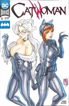 2girls acecore2k animal_ear_helmet animal_ears animal_ears_helmet animal_helmet batman_(series) batman_symbol black_bodysuit black_cat_(marvel) blue_eyes bodysuit breasts brown_hair cat_helmet catwoman character_name choker claw_pose cleavage commentary copyright_logo cover_sketch crossover dc_comics earrings english_commentary fake_animal_ears felicia_hardy fur-trimmed_bodysuit gloves goggles goggles_on_headwear green_eyes highres holding_hands jewelry large_breasts logo long_hair looking_at_viewer looking_to_the_side marker_(medium) marvel mask multiple_girls o-ring o-ring_choker off_shoulder parted_lips pen_(medium) selina_kyle short_hair signature smile spider-man_(series) teardrop_earrings traditional_media trait_connection white_background white_hair