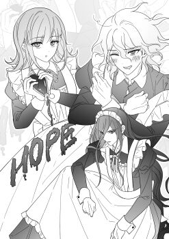 Rule 34 | 1girl, 2boys, :d, :o, ;d, absurdres, alternate costume, apron, blush, bottle, commentary request, danganronpa (series), danganronpa 2: goodbye despair, dress, drooling, enmaided, hair ornament, highres, holding, holding bottle, juliet sleeves, kamukura izuru, komaeda nagito, long sleeves, maid, maid apron, maid headdress, medium hair, messy hair, multiple boys, nanami chiaki, one eye closed, open mouth, puffy sleeves, smile, vo1ez