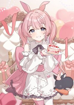 1girl absurdres animal animal_ears bare_shoulders black_eyes blurry blurry_foreground bottle bow box cake commentary_request commission detached_sleeves dress etoria food frilled_dress frills gift gift_box highres holding holding_plate huge_bow indie_virtual_youtuber layered_dress long_hair long_sleeves parted_lips pink_bow pink_hair plate rabbit_ears rabbit_girl sash_bow skeb_commission solo strawberry_shortcake twintails virtual_youtuber white_dress white_sleeves