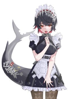 1girl black_hair blush breasts cbwook colored_inner_hair commentary_request ellen_joe fins fish_tail hair_ornament highres large_breasts looking_at_viewer maid maid_headdress mole mole_under_eye multicolored_hair pantyhose red_eyes red_hair shark_girl shark_tail short_hair solo tail two-tone_hair white_background zenless_zone_zero