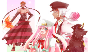 Rule 34 | 4boys, abs, androgynous, animal, aqua eyes, armband, bandages, belt, blanket, blindfold, blonde hair, blue eyes, blush, bow, byakuya genrou, collar, collarbone, colored eyelashes, crossdressing, crossdressing (mtf), dark-skinned male, dark skin, dog, earrings, fire, formal clothes, gloves, gradient hair, grin, hair between eyes, hair bow, hair ornament, hand on own hip, happy, hat, height difference, hoop earrings, jacket, jewelry, long hair, long skirt, looking at another, male focus, multicolored hair, multiple boys, musashi (nanbaka), muscular, nail polish, nanbaka, necktie, nipple piercing, number tag, number tattoo, open mouth, piercing, pink hair, ponytail, red eyes, red hair, scar, short twintails, sidelocks, simple background, skirt, smile, sparkle, spiked hair, standing, striped clothes, striped skirt, sugoroku hitoshi, suit, tattoo, torn clothes, trap, twintails, two-tone hair, white background, white hair, yozakura kenshirou