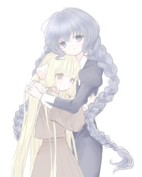 2girls age_difference black_dress blonde_hair blouse blue_eyes blue_hair braid brown_eyes brown_shirt brown_skirt chii chobits closed_mouth cowboy_shot dress expressionless highres juliet_sleeves light_smile long_hair long_sleeves looking_ahead looking_at_viewer low_twintails mipi_(u3u_00) multiple_girls onee-loli persocom puffy_sleeves robot_ears robot_girl school_uniform shirt simple_background sketch skirt standing twin_braids twintails very_long_hair white_background yuzuki_(chobits)