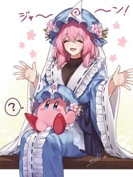 1girl 1other ? bad_id bad_twitter_id black_bodysuit blue_kimono blue_sash bodysuit bodysuit_under_clothes commentary_request copy_ability cosplay crossover enoki_3106 flower frilled_kimono frilled_sleeves frills hat hat_flower japanese_clothes kimono kirby kirby_(series) long_sleeves medium_hair mob_cap nintendo obi pink_flower pink_hair saigyouji_yuyuko saigyouji_yuyuko_(cosplay) sash sitting touhou trait_connection translated triangular_headpiece wavy_hair wide_sleeves