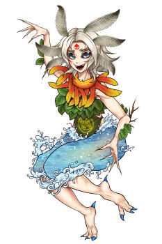 1girl antennae barefoot blue_nails blue_skirt colored_eyelashes commentary_request feather_necklace fingernails forehead_tattoo full_body green_nails grey_eyes highres houjuu_chimi jewelry leaf liquid_clothes looking_at_viewer moth_antennae nail_polish necklace open_mouth ryuuichi_(f_dragon) sharp_fingernails sharp_teeth sharp_toenails simple_background skirt smile solo tattoo teeth toenail_polish toenails touhou variant_set white_background white_hair