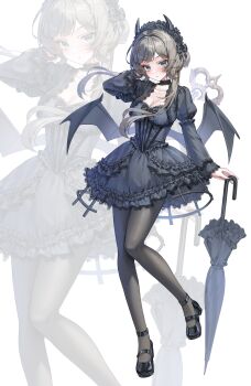 1girl absurdres alternate_costume black_dress black_hairband black_pantyhose black_shoes black_umbrella black_wings blue_eyes breasts brown_hair cleavage closed_mouth commentary demon_horns demon_wings dress frilled_hairband frills full_body genshin_impact hairband hand_in_own_hair highres holding holding_umbrella horns large_breasts long_sleeves looking_at_viewer nq_(nnq_q) pantyhose sandrone_(genshin_impact) shoes umbrella white_background wings zoom_layer