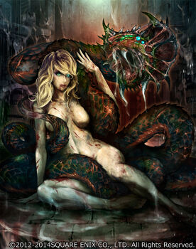 1girl bad_id bad_pixiv_id blonde_hair blue_eyes breasts deadman's_cross glowing glowing_eye green_eyes heterochromia lady_serpent_(deadman's_cross) lazur_(piccsh) long_hair monster no_nipples nude saliva serpent sitting watermark