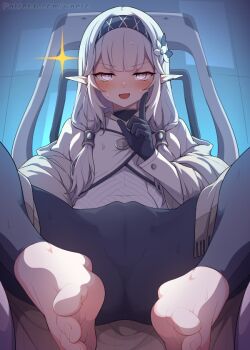 1girl :d barefoot black_gloves black_leggings blue_archive blush cameltoe fat_mons feet flower foot_focus gloves grey_hair hair_flower hair_ornament hair_tubes hairband himari_(blue_archive) index_finger_raised jacket leggings long_hair long_sleeves looking_at_viewer mole mole_under_eye off_shoulder open_mouth pointy_ears sitting smile solo sparkle sweat toenails toes waero white_flower white_jacket