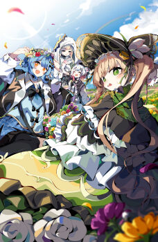 4girls :d aloe_(kenkou3733) beret black_capelet black_flower black_hat black_rose blonde_hair blue_hair bonnet braid braided_hair_rings capelet commentary_request day deerstalker dress flower flower_wreath frilled_dress frills grass green_bonnet green_dress green_eyes hair_flower hair_ornament hair_rings hat head_wreath highres hikami_meruru lolita_fashion long_hair long_sleeves looking_at_another looking_at_viewer looking_back mahou_shoujo_no_majo_saiban multicolored_hair multiple_girls on_grass open_mouth outdoors petals pink_hair priestess rainbow rose sakuraba_ema short_hair sitting sky smile sunlight tachibana_sherry tono_hanna twintails white_dress white_flower white_hair x_hair_ornament yellow_eyes yellow_flower yellow_rose